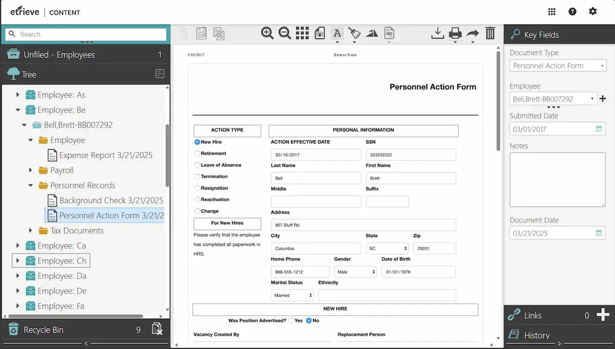 Etrieve Content with HR Personnel Form